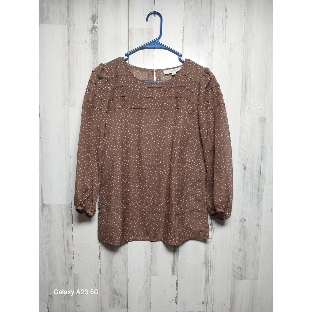 Loft Brown Polka Dot Semi Sheer Long Sleeve Blouse size XS